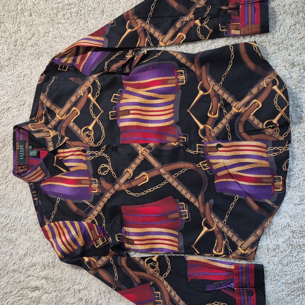 Ralph Lauren Equestrian Print Shirt PM Horse Bit Leather Button Up Shirt Medium